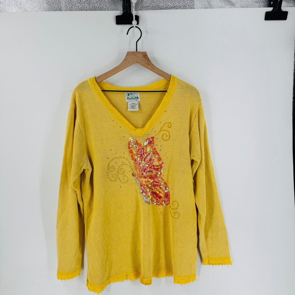 The Quacker Factory Butterfly Sequin Sweater Yellow Size‎ Large Whimsical Garden